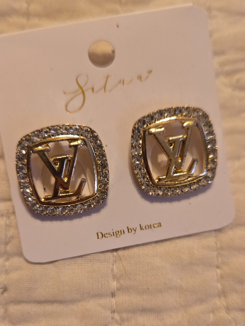 Beautiful Fashion Initial L V Gold-Tone Crystal Square Logo Stud Earrings